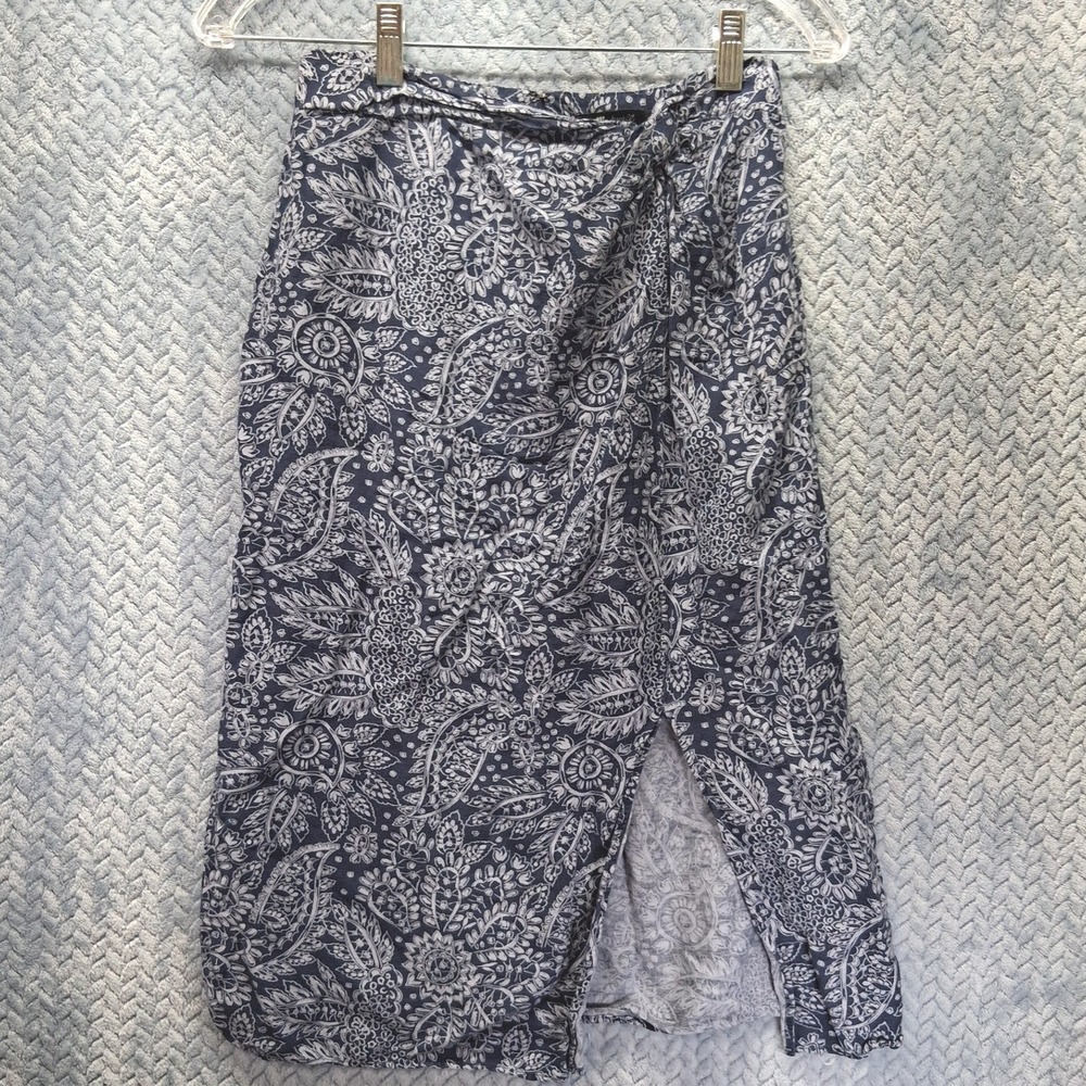 Madewell Navy Blue Paisley Floral Linen Blend Wrap Midi‎ Skirt Size 0 Side Tie
